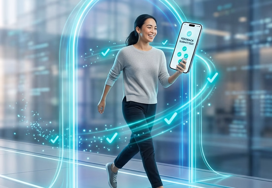 User gliding through lightweight ultra-fast mobile feedback portal with glowing teal confirmation ticks and zero loading lag minimalist.
