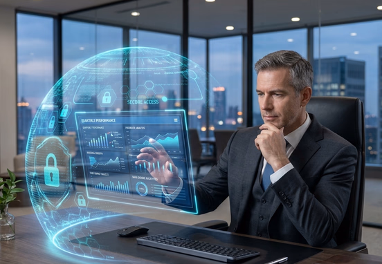 Professional business executive responding to feedback data screen surrounded by secure holographic shield in calm modern office.