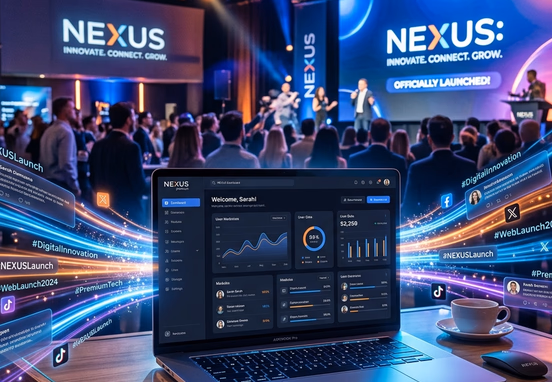 Dynamic website launch event with glowing social media feeds connecting to central laptop displaying premium dashboard in vibrant corporate.