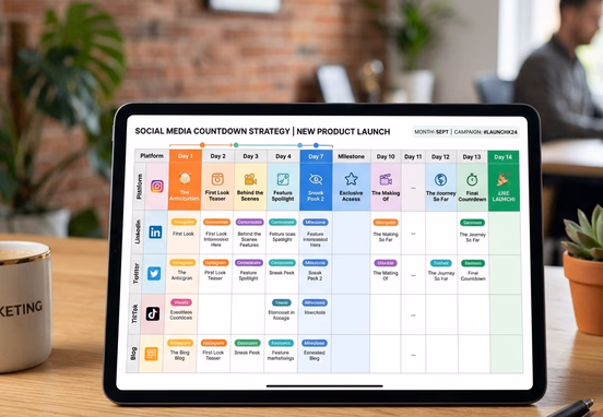 Beautifully organized content marketing calendar matrix on tablet detailing 14-day social media countdown with colorful visual milestones.