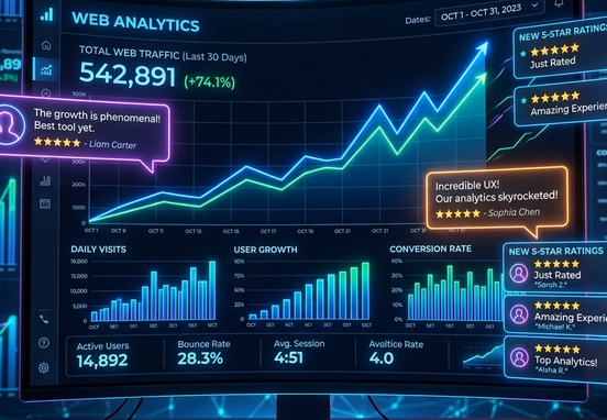 High-tech interface displaying skyrocketing web analytics graphs with glowing client testimonials and five-star rating notifications in dark mode.