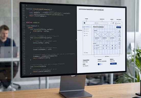 High-end desktop monitor showcasing clean hand-coded source code framework alongside elegant UX blueprint highlighting technical transparency.