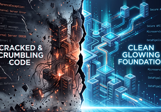 Digital web architecture split showing cracked crumbling code on one side and clean glowing digital foundation on the other side