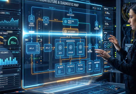 Futuristic holographic interface scanning complex website architecture blueprint with diagnostic data charts and technical analysis information
