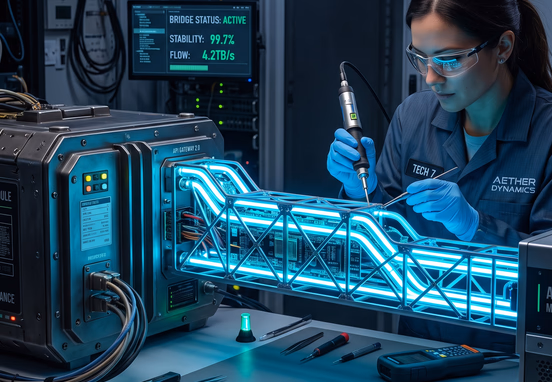 Precision tools engineering clean glowing neon bridge isolating and connecting stable legacy database module for improved system performance