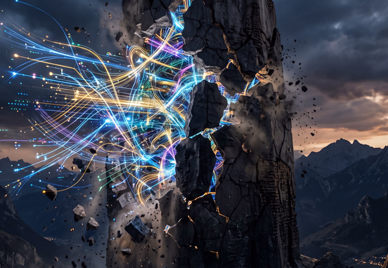 Dark brittle monolithic tower breaking apart revealing vibrant high-speed decentralized network of glowing data streams and connectivity