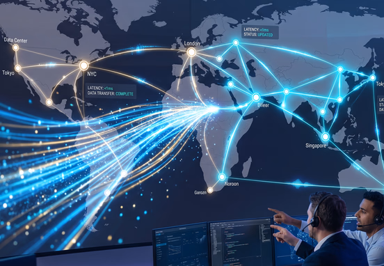 Powerful glowing data push event instantly updating a sleek enterprise network map minimizing latency in modern tech aesthetic