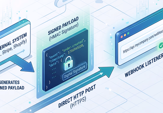 Architectural flow showing an external system pushing a signed JSON payload directly to a clean webhook listener URL