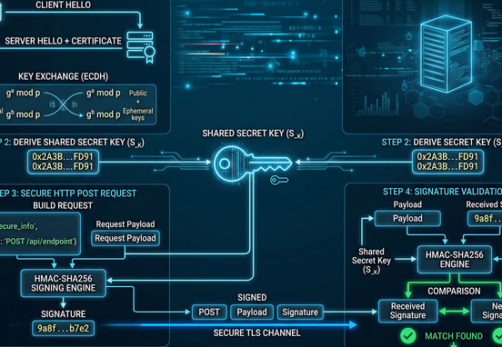 Cryptographic handshake visualization featuring a shared secret key validating a secure HTTP POST request signature