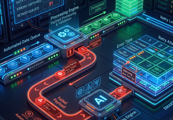 Automated data queue cleanly capturing processing errors and routing payloads into a smart retry matrix