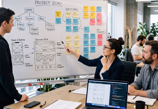 Professional web project planning session with whiteboard wireframes and information architecture diagrams on minimalist desk in agency setting.