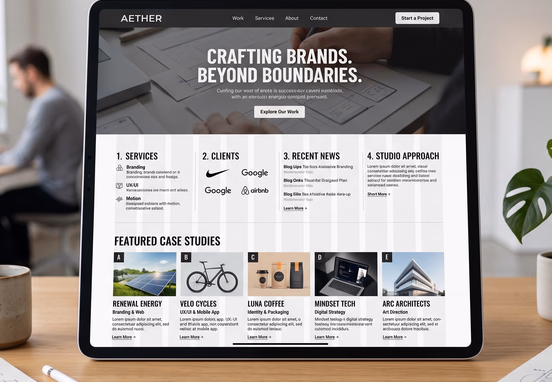 High-fidelity webpage grid layout on iPad Pro showing structured content zones, typography blocks and case studies in modern design studio.