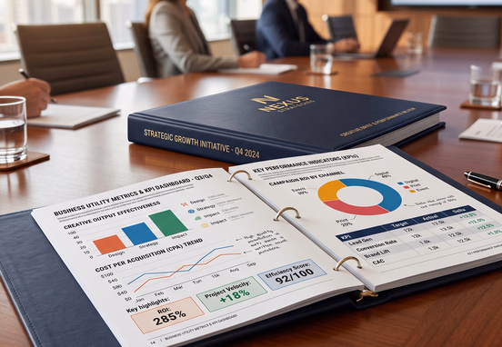 Premium corporate creative brief binder displaying business metrics and KPI charts on mahogany boardroom table with professional aesthetic.