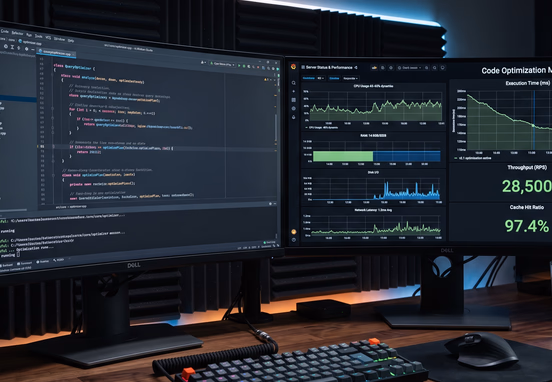 Semantic code in IDE showing live optimization metrics and server performance graphs on dual-monitor technical development workspace.