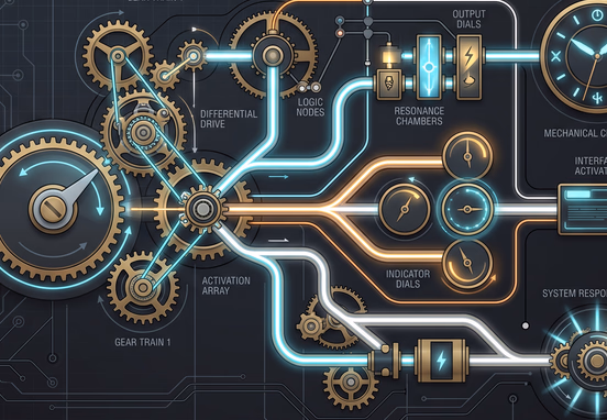 Complex mechanical clockwork system interface where a single gear turning triggers a chain reaction of light pipelines in minimalist tech