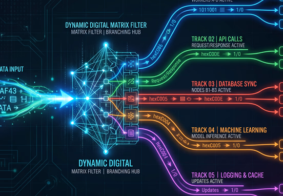 Dynamic digital matrix filter branching out a single data input into parallel asynchronous execution tracks with clean flow design