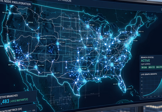 Sleek, modern digital dashboard showing a futuristic glowing map of regional business branches multiplying instantly with high-tech network nodes