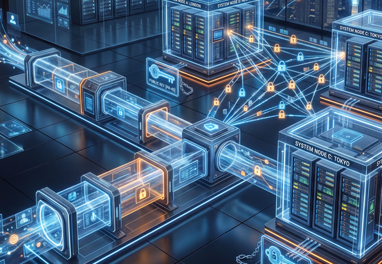 Conceptual software pipeline transforming localized business parameters into secure interconnected system nodes with glowing servers