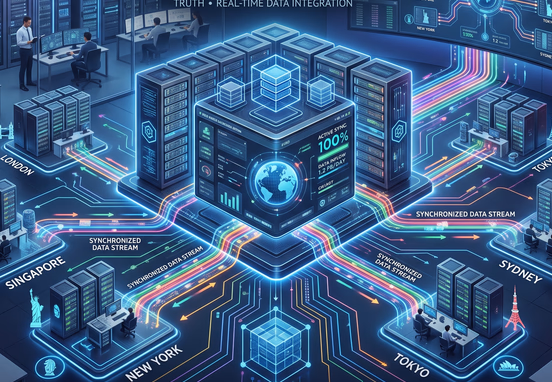 Unified master database network receiving synchronized data streams from multiple regional office nodes eliminating information silos