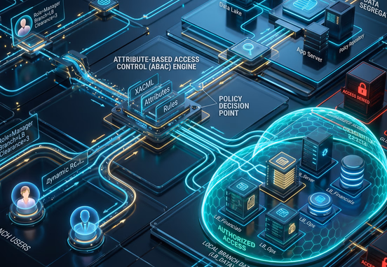 Sophisticated digital security architecture demonstrating attribute-based access control with glowing security shields around data blocks