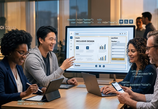 Diverse group of users interacting with clean modern digital interface on multiple devices with inclusive design and semantic code.