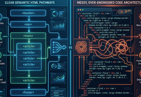 Polished comparison grid contrasting clean semantic HTML pathways against messy over-engineered code architectures on dark screen.