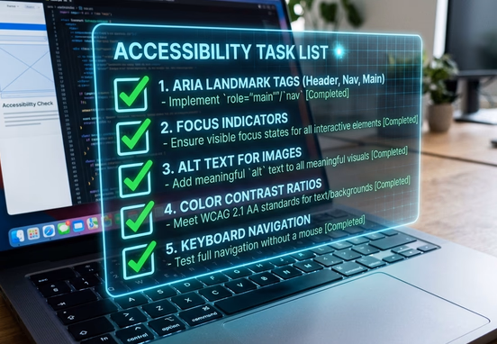 Sleek holographic checklist above modern laptop keyboard with green checkmarks for accessibility tasks including landmark tags and focus.
