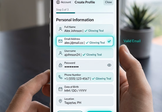 Perfectly structured user data form on mobile app with glowing teal valid entry indicator and clear accessible layout paths minimalist.