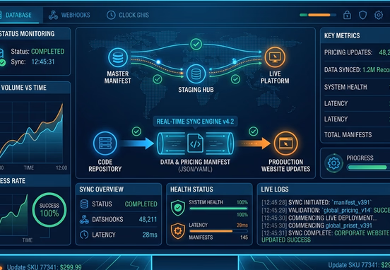 Elegant automated code manifest backend system running real-time synchronization checks updating corporate website pricing data flawlessly.