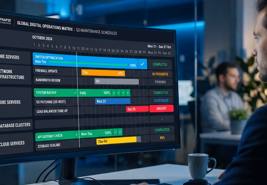 Sleek corporate digital operations matrix on monitor mapping structured maintenance schedules with bright colored timeline checklists clearly.