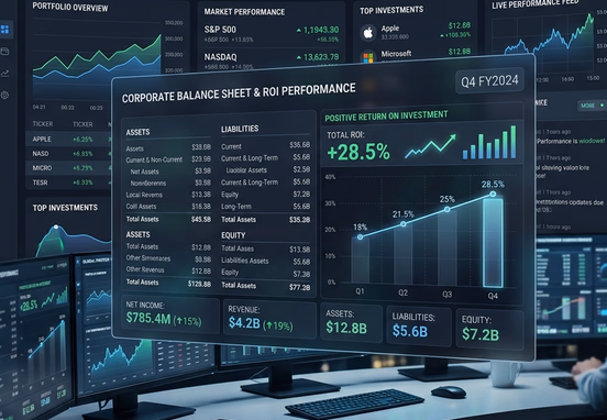 Premium corporate balance sheet visualization layered over ultra-fast website dashboard displaying positive return on investment metrics.