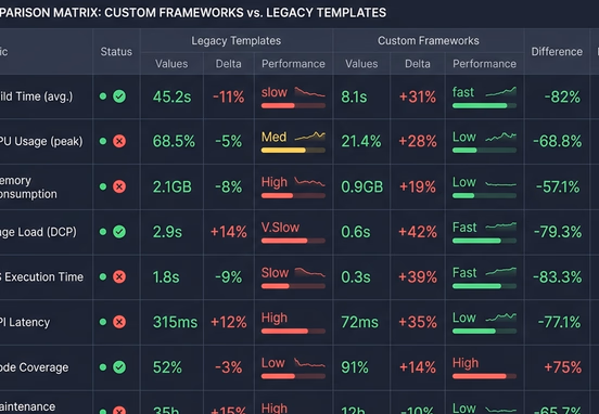 Dark-themed enterprise analytics dashboard with detailed comparison matrix between custom frameworks and legacy template metrics design.