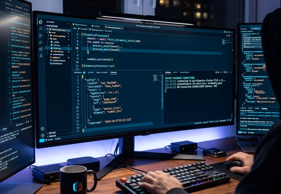 Sophisticated developer terminal displaying structured data loops, JSON tracking and secure database connections for user telemetry.