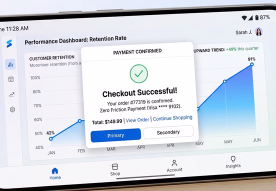 Modern mobile interface showing instant zero-friction checkout confirmation with upward customer retention chart minimalist design.