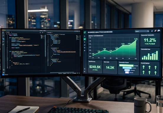 Sleek dual-monitor workspace displaying clean glowing source code and high-converting analytics dashboard with rising metrics corporate.