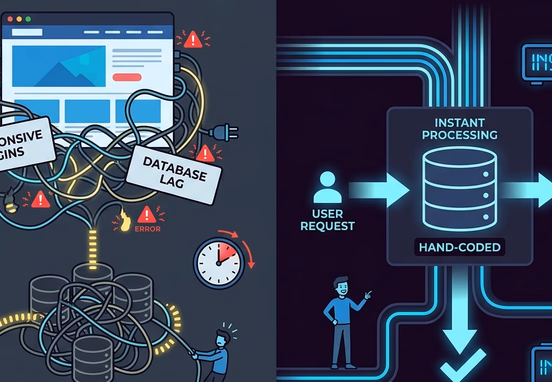 Slow cluttered website with tangled plugin wires contrasted against streamlined hand-coded database processing data instantly high-tech.