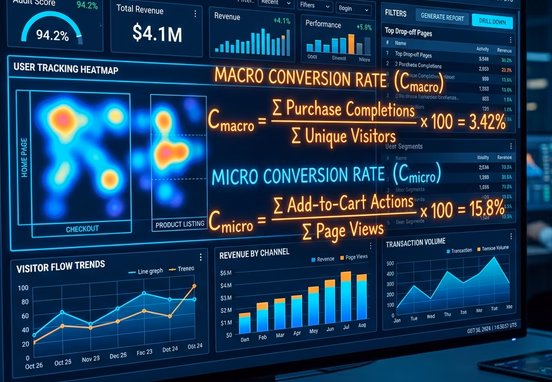 Sophisticated financial audit interface with macro and micro conversion equations overlaying futuristic user tracking heatmap analytics.
