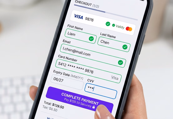 High-end mobile interface with adaptive form, instant verification checkmarks and optimized thumb-friendly checkout screen clean design.