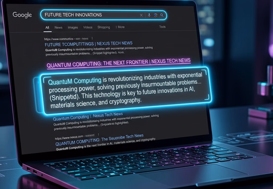 Sleek laptop displaying search engine results page with highlighted glowing snippet text block under title in dark mode neon aesthetic.