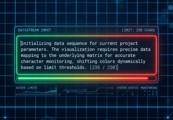 Digital grid pattern with text input container showing glowing progress boundary bar shifting green to red for character limits.