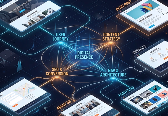 Abstract 3D isometric layout with floating webpage templates connected by glowing lines to central text nodes in conceptual design.