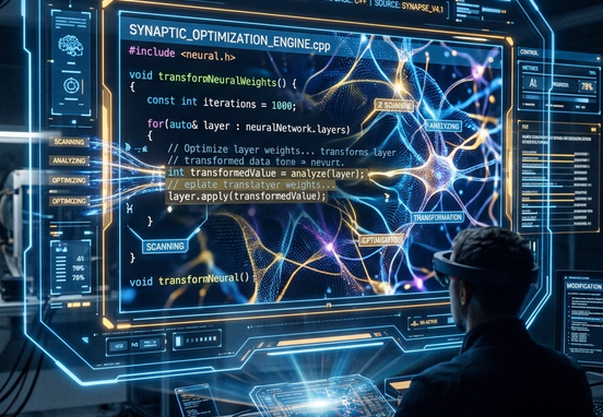 Futuristic holographic interface with source code scanned and modified by abstract AI neural network pattern digital transformation.
