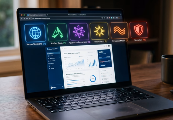 Premium laptop with multiple browser tabs displaying crisp glowing custom corporate favicon icons in minimalist workspace cinematic.