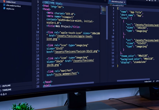 Professional code editor displaying HTML favicon tags and webmanifest file with neon blue and purple syntax highlighting cleanly.