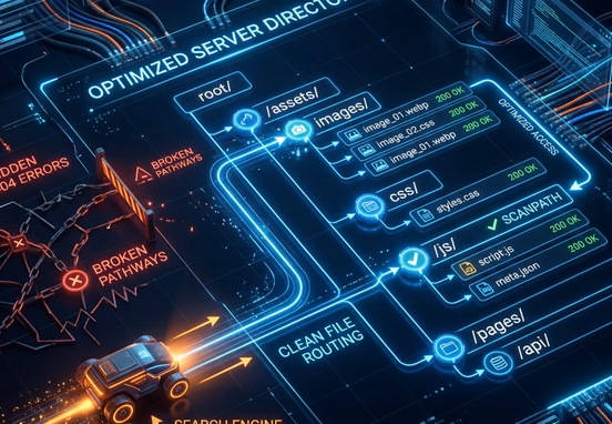 Optimized server directory with clean file routing enabling search engine crawler bots smooth asset scanning without 404 errors.