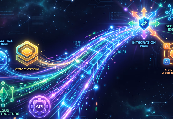 Vibrant conceptual digital bridge connecting abstract glowing shapes representing distinct software platforms in a modern tech aesthetic