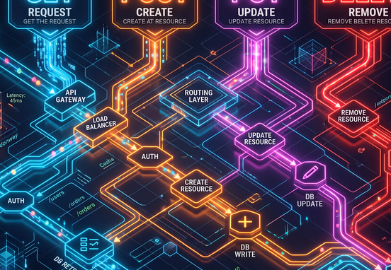 Clean geometric data visualization displaying glowing verbs GET POST PUT and DELETE routing along stylized neon light pathways