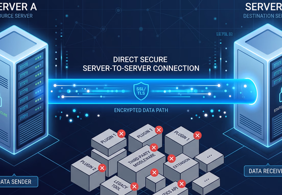 Secure direct server-to-server data connection bypassing cluttered third-party plugin boxes in minimalist tech illustration style