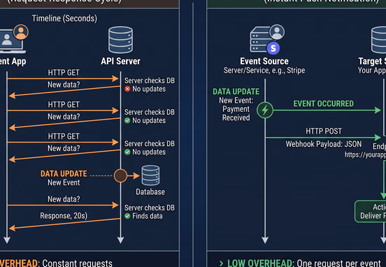 Side-by-side technical comparison showing continuous server polling on one side and instant event-driven webhook trigger on other