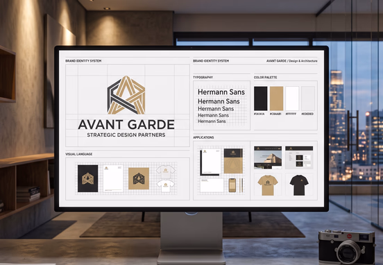 A sleek corporate branding system displays on an ultra-modern desktop monitor inside a high-end, minimalist creative design studio.